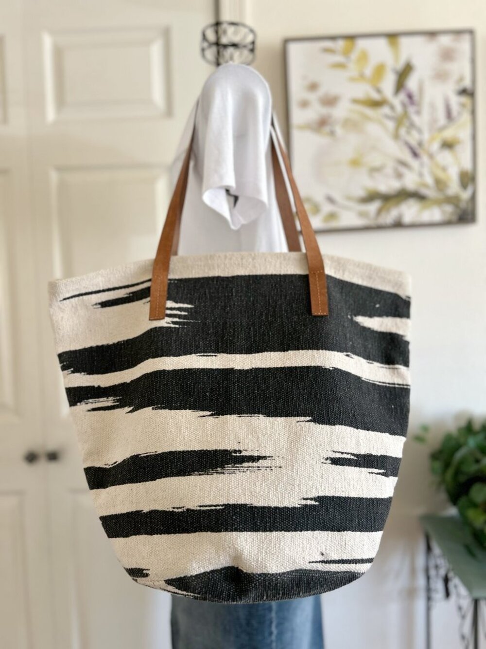 Lucky Brand Black & Natural Striped Canvas Tote with Leather Straps